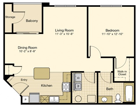 Floor plan for 1 bed, 1 bath, 886 sqft